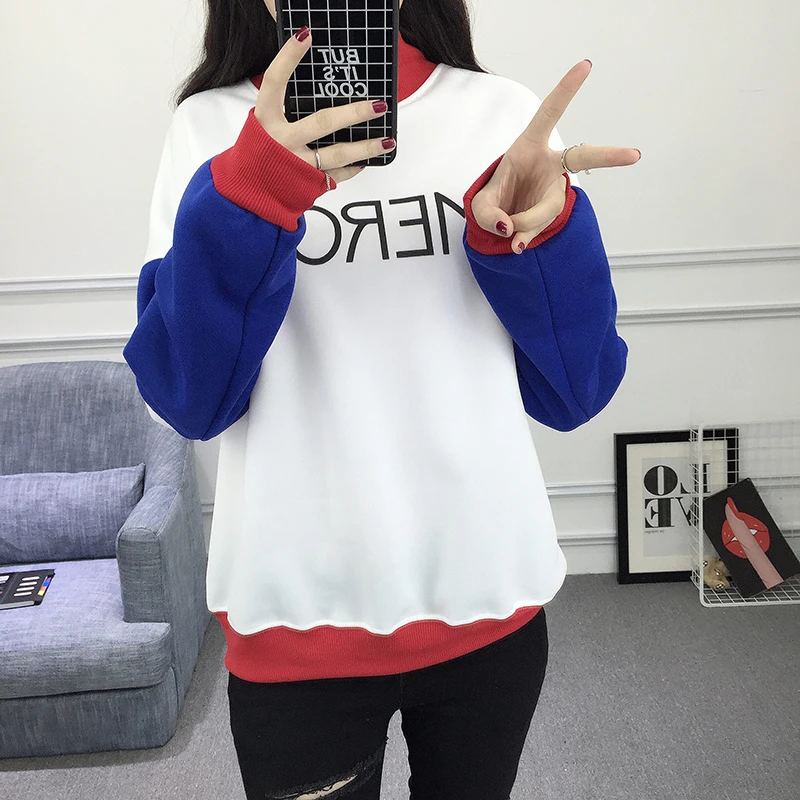 Autumn New Spell Color Stitching Harajuku Women Hoodies Pullover Fleece Loose Female Tracksuits Casual O Neck Sweatshirt | Женская