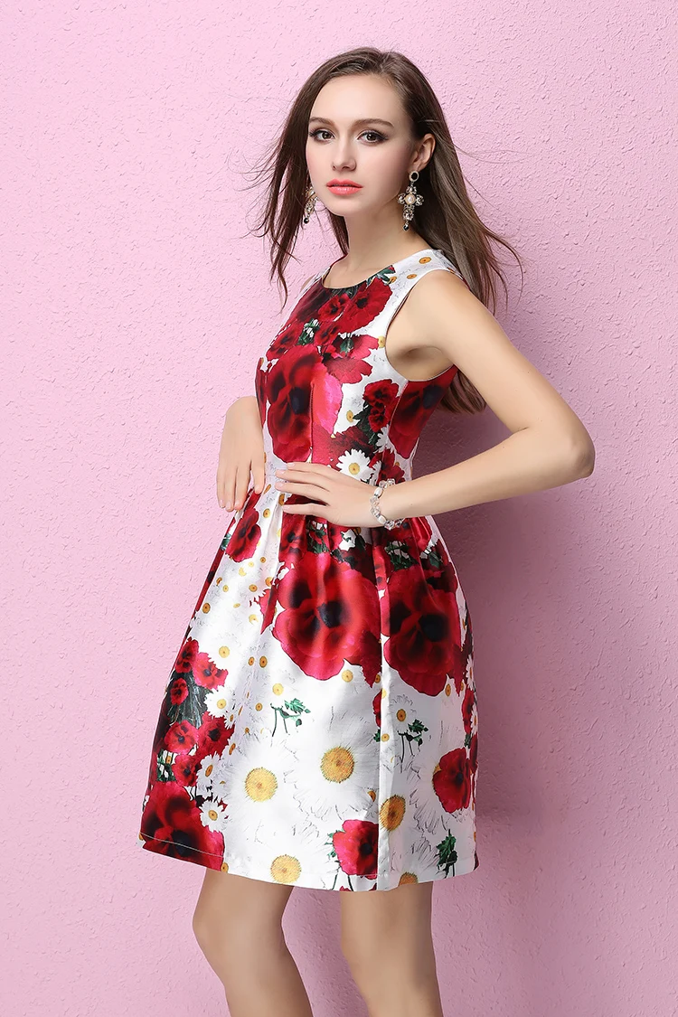 2017 элегантный рукавов мини line dress платье О Образным Вырезом цветы печати бальное 4