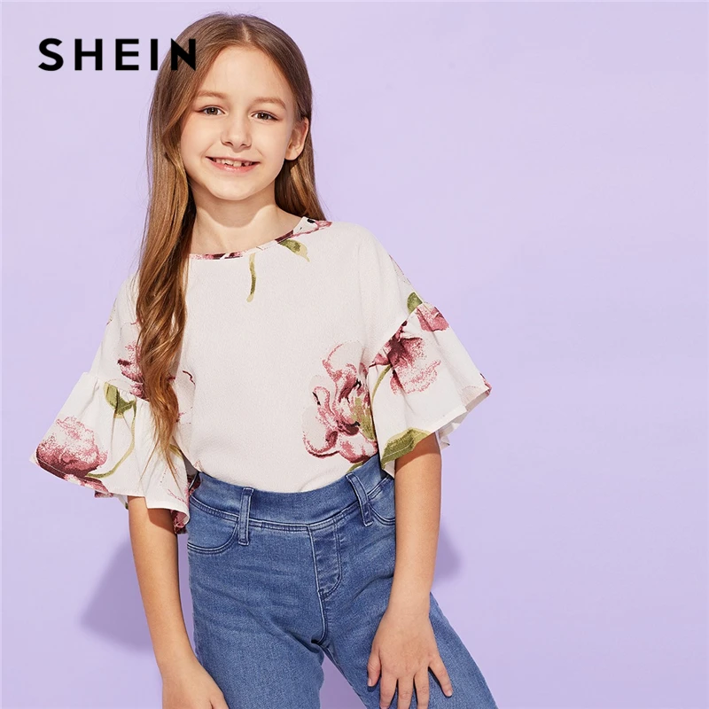 SHEIN/детская блузка с абрикосовым цветочным принтом для девочек; топы для девочек; коллекция года; сезон лето; милые корейские футболки с короткими рукавами и оборками; детская одежда