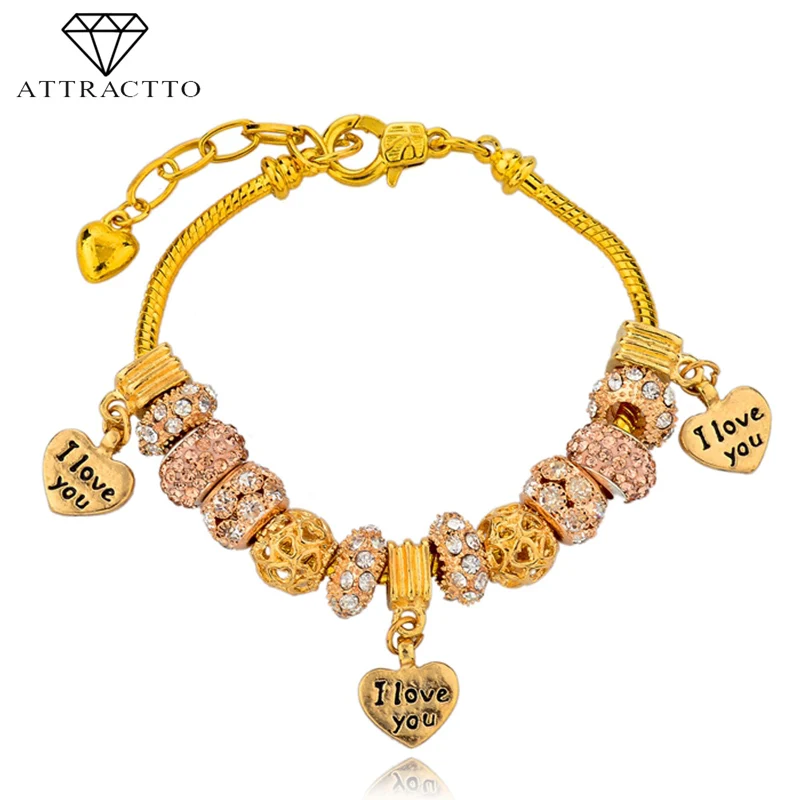 

ATTRACTTO New Luxury Beads Gold Snake Chain Charm Bracelets Bangles For Women DIY Jewelry Bracelet Femme SBR140662
