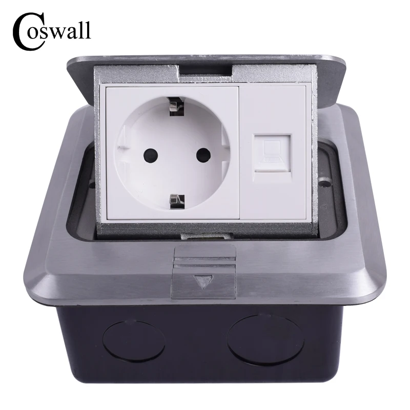 

Coswall All Aluminum Silver Panel EU Standard Pop Up Floor Socket Electrical Outlet With RJ45 Internet Computer Port