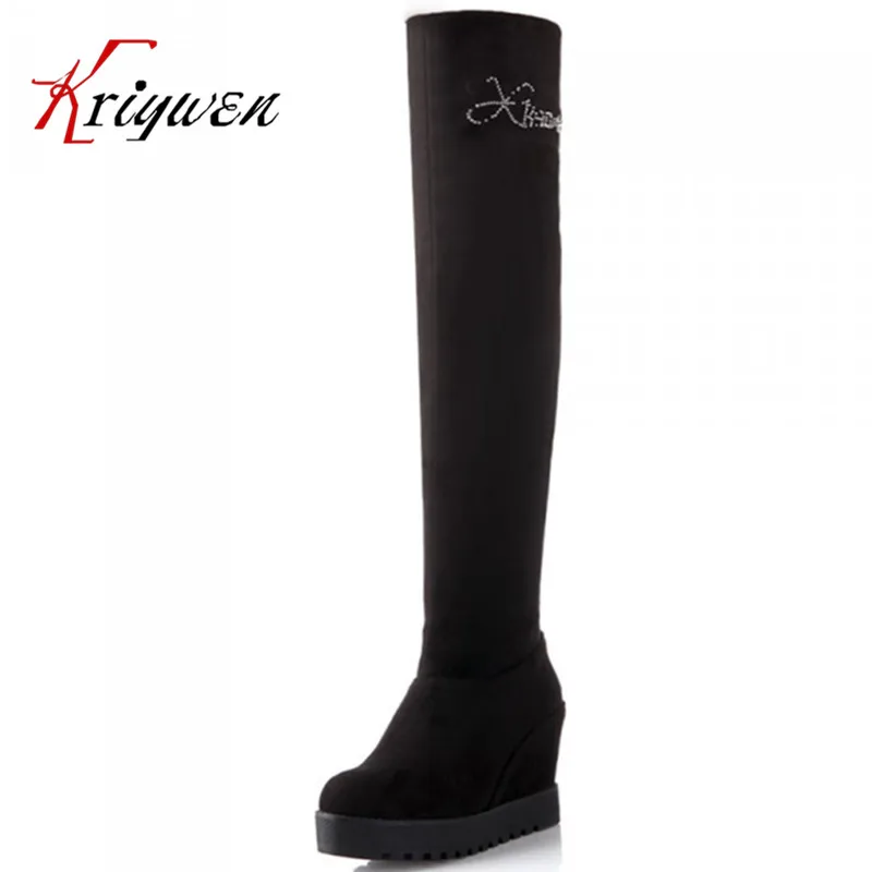 2015 Новых женщин Колено Высокие Сапоги Платформа Клин Каблуки панк Гот Creeper Обувь