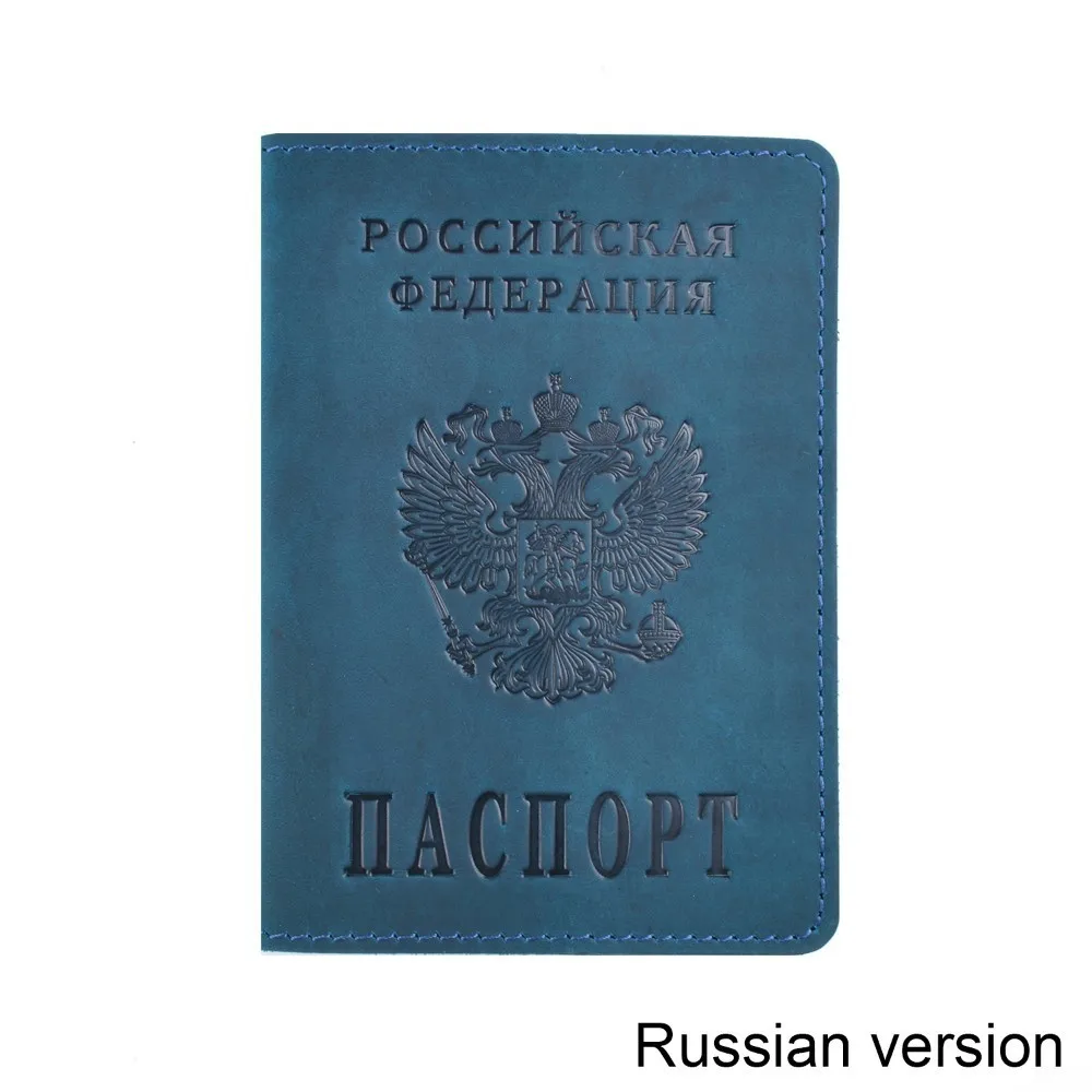 Чехол для паспорта из натуральной кожи для Российской Федерации Crazy Horse кожаный держатель для карт бизнес двуязычный чехол для паспорта - Цвет: Blue Russian