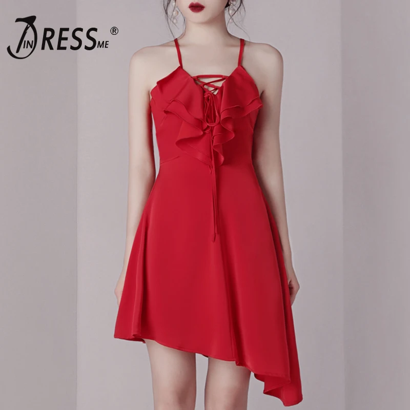 INDRESSME Новинка 2019 элегантное сексуальное асимметричное платье на бретельках со