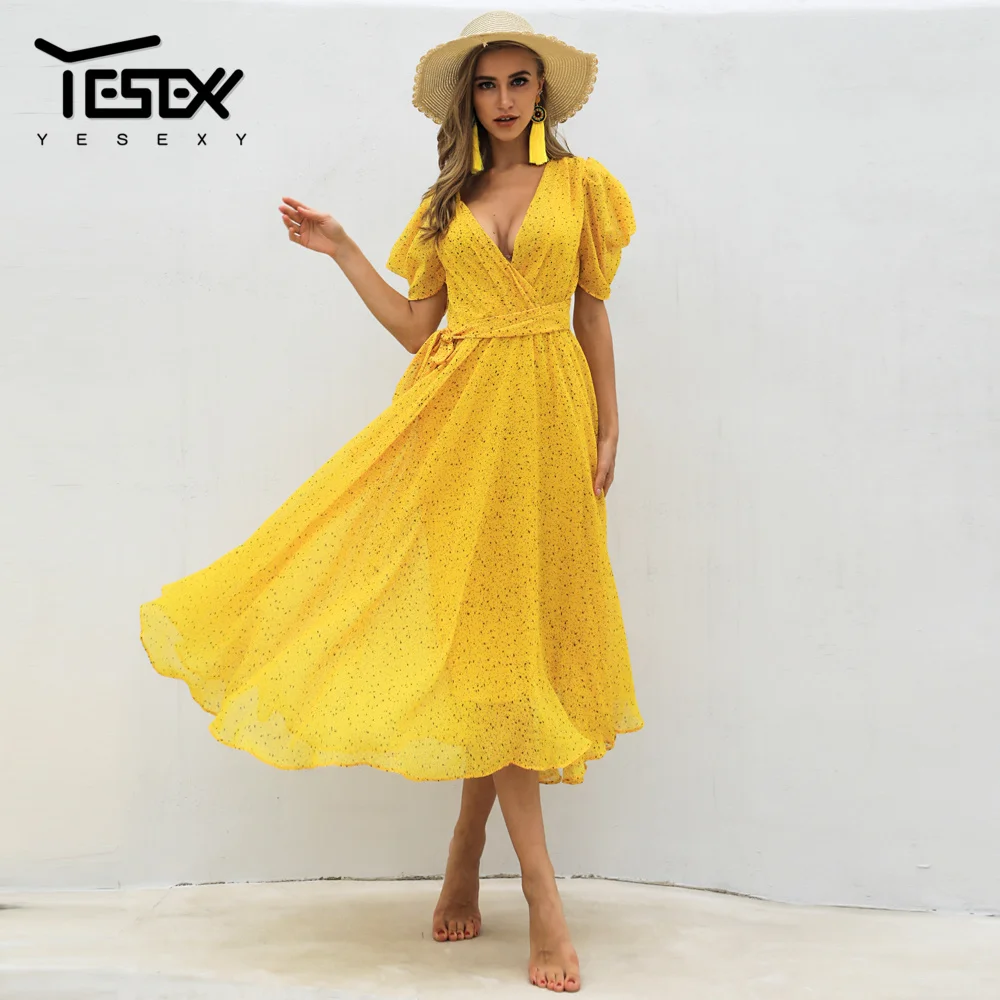 Yesexy 2019 Лето Dot желтый женское платье с глубоким v образным вырезом Повседневное