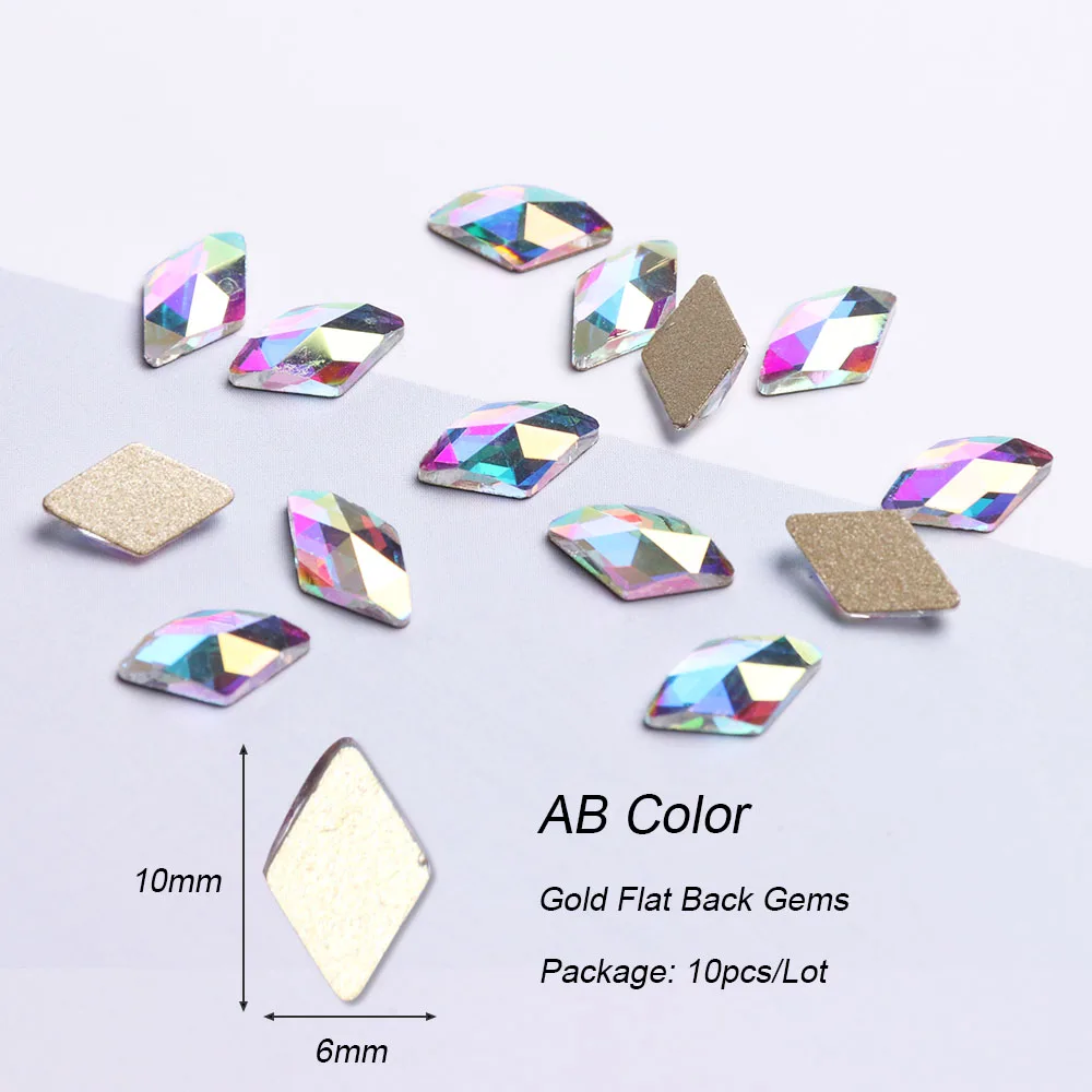 AB Color 10 шт. ромбовидные кристаллы для ногтей AB Стразы драгоценные камни алмазное Золотое дно плоская задняя часть Стразы 3D Подвески Аксессуары для ногтей BE717 - Цвет: AB Color