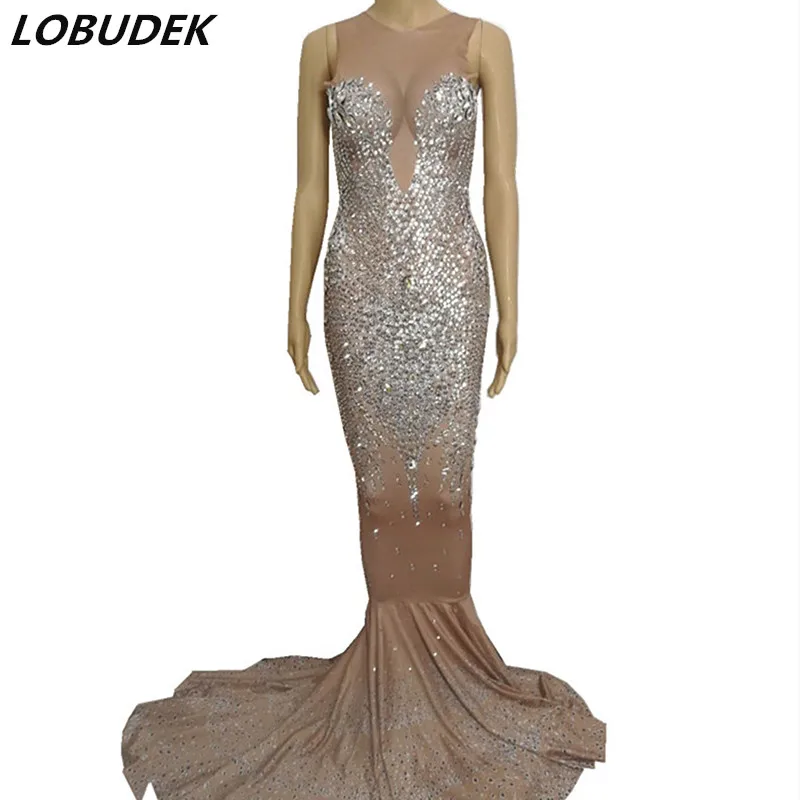 

Sparkly Rhinestones Sleeveless Long Dress Crystals Elastic Trailing Dress Evening Party Celebration Singer Host Stage Costume