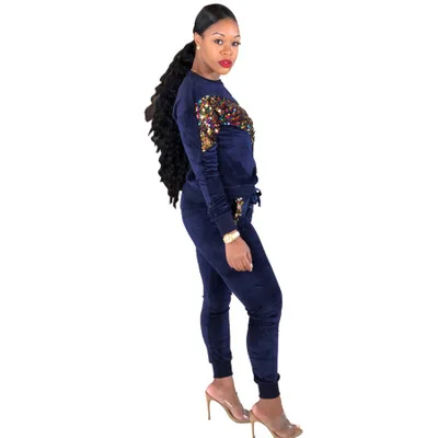 Women Tracksuit two Pieces Set Winter Embroidery Velvet Sequin Casual long sleeve Tops + Long Pants Suit 2 Piece Outfits |