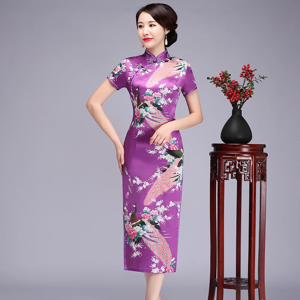 Винтаж для женщин печати Cheongsam классический цветок атласное платье китайский стиль шоу на сцене платья для платья большого размера Qipao Vestido 5XL 6XL