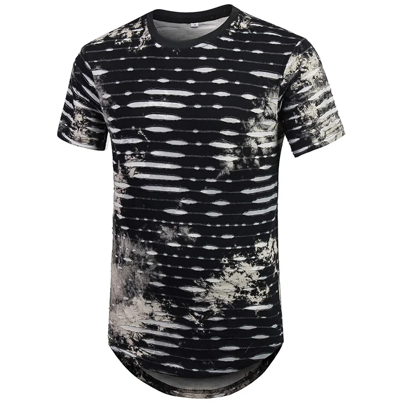 SHOKOTANO для мужчин s хип хоп Tie Dye футболка рваные в полоску хипстер кривой Подол короткий рукав Футболка - Цвет: Черный