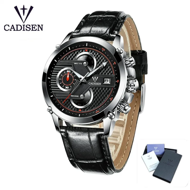 Black Leather CADISEN мужские модные многофункциональные кварцевые часы мужские военные наручные часы водонепроницаемые часы из нержавеющей стали Relogio Masculino - Цвет: Black Leather