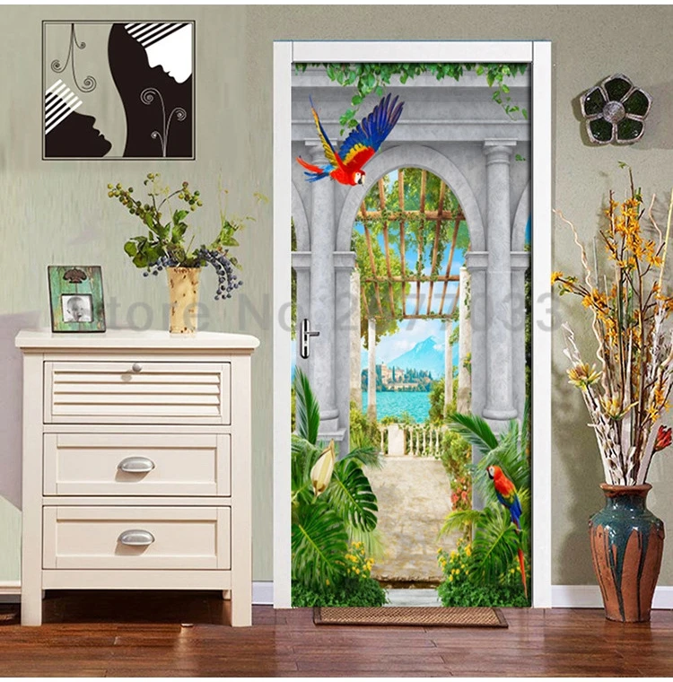 2 шт./компл. DIY двери наклейки ПВХ Водонепроницаемый самоклеящаяся сад Арки озеро 3D обои Гостиная двери декор настенные наклейки