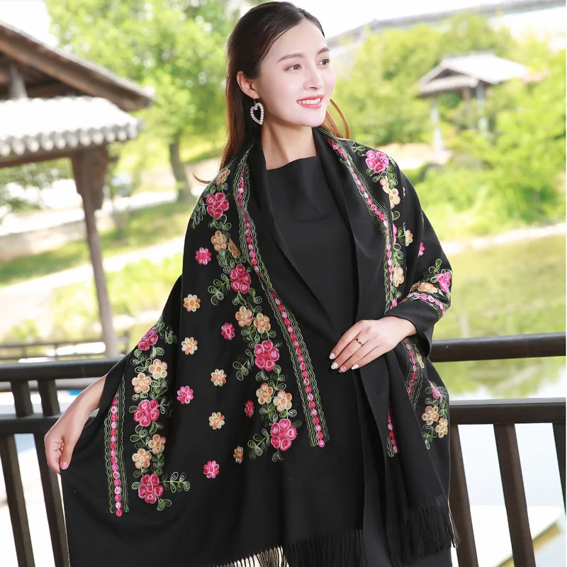 Шаль с синими цветами и вышивкой для женщин теплые шарфы из Пашмина на осень зиму