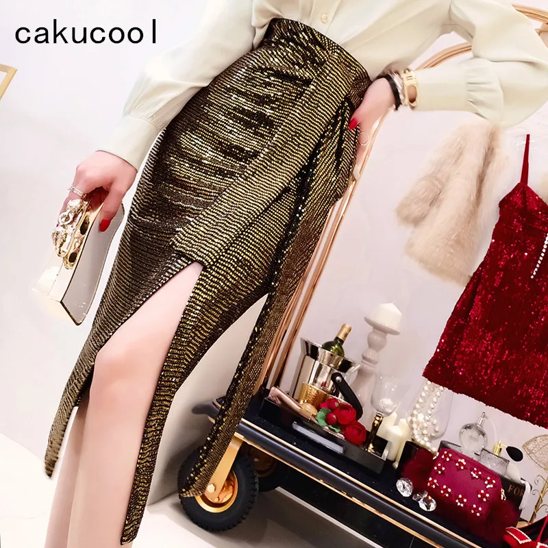 Шикарная золотистая юбка карандаш с блестками Cakucool пикантная завышенной талией