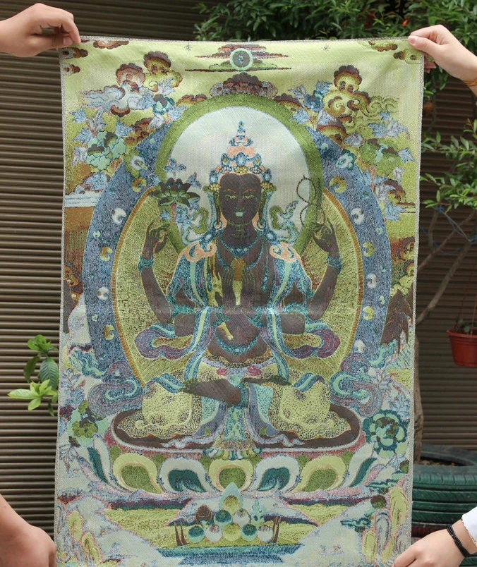 Тибетский шелковой ткани 4 руки ченрезиг Гуаньинь kwan инь Будда тангка Фреска