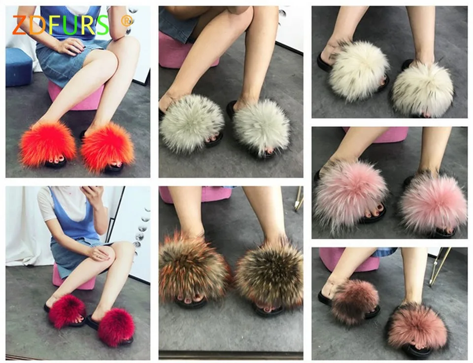 ZDFURS*/Новинка года; женские тапочки из натурального меха енота; повседневные летние шлепанцы без задника с мехом лисы; Вьетнамки; обувь для дома и улицы