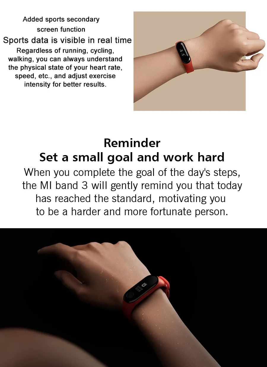 Xiaomi mi браслет на запястье 3 Смарт-Браслет фитнес mi Band 3 большой сенсорный экран OLED частота сердечных сокращений Smartband