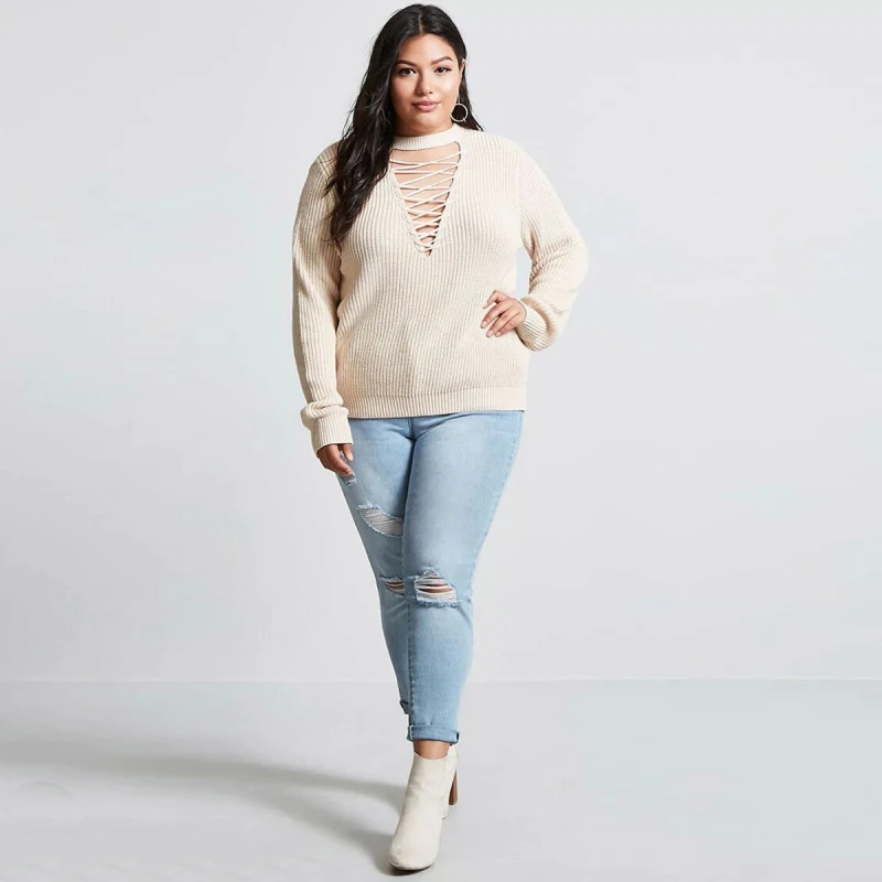 Hollow Out Collar Cross Belt Sweater Plus Size 6XL 5XL 2018 Spring Beige Long Sleeve O-Neck Sexy Streetwear Sweaters XXXL 4XL | Женская