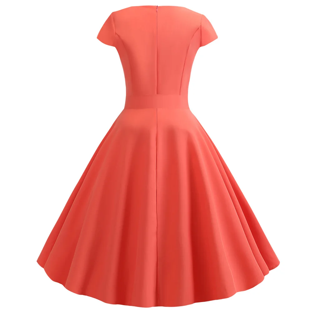 Kenancy 10 Colors Solid Summer Women Retro Dress V Neck Short Sleeves High Waist Vintage 60s Rockabilly Party Vestidos | Женская одежда