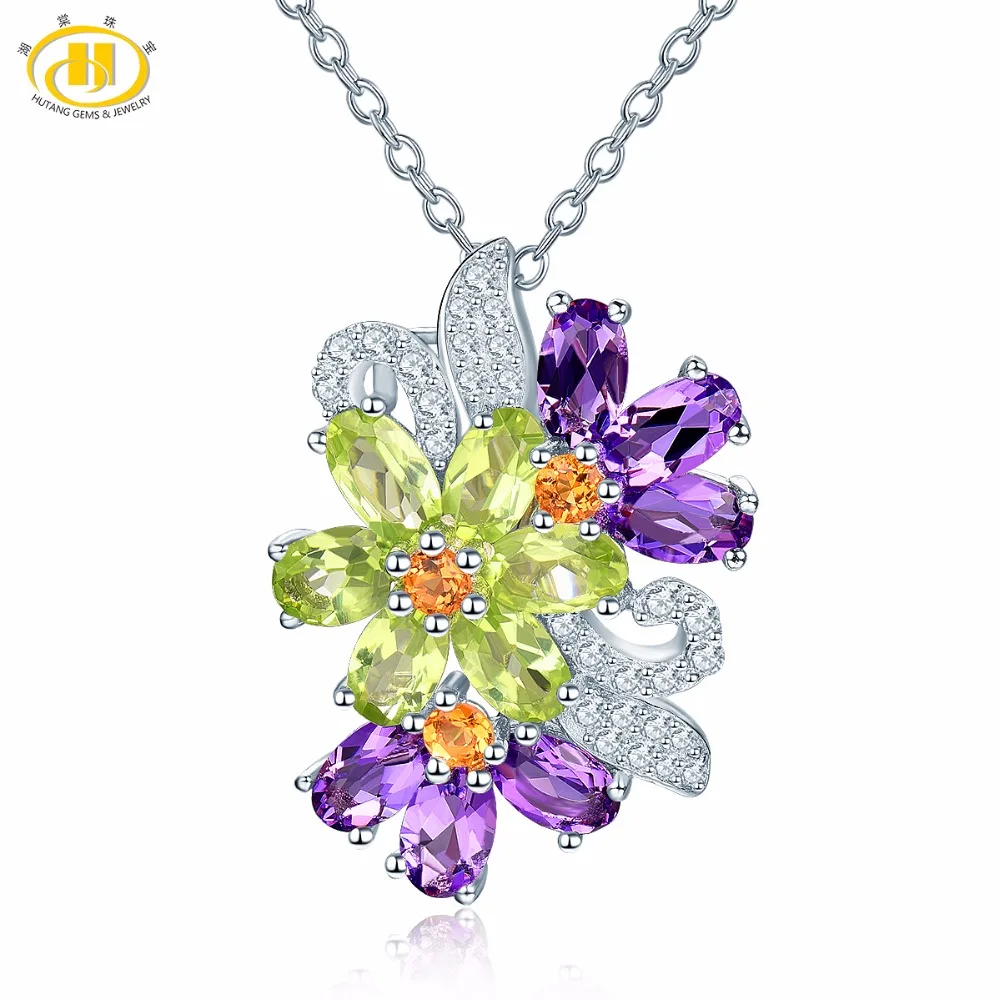

Hutang Jewelry 3.15 Carats Natural Gemstone Amethyst Peridot Solid 925 Sterling Silver Pendant Necklace Fine Gemstone Jewelry