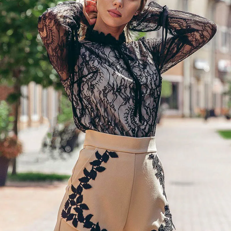 Женская одежда Кружева перспектива полые с длинным рукавом Топы стрингами Selvedge| |