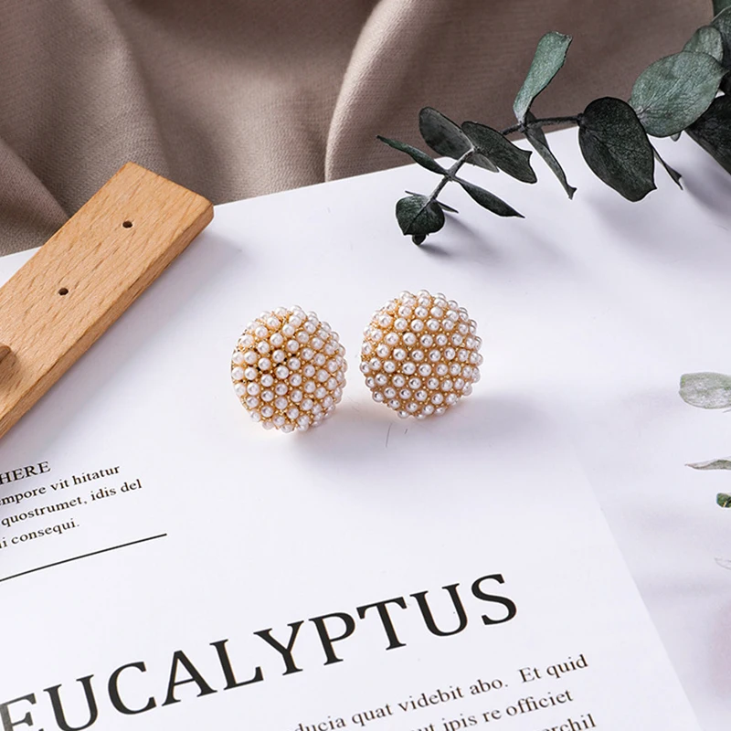 Женские серьги-гвоздики из серебра 925 пробы с круглыми кнопками и полным жемчугом