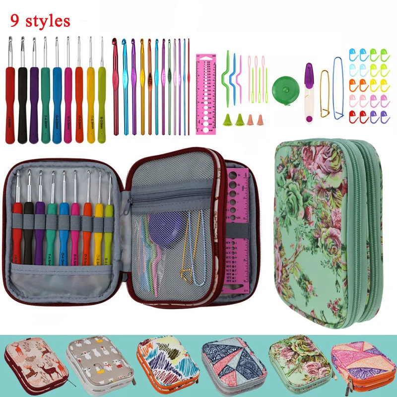 

9 Styles Crochet Hooks Set Soft Grip Ergonomic Knitting Needles Set Scissors Ruler Sewing Tools Accessories Set With Storage Bag