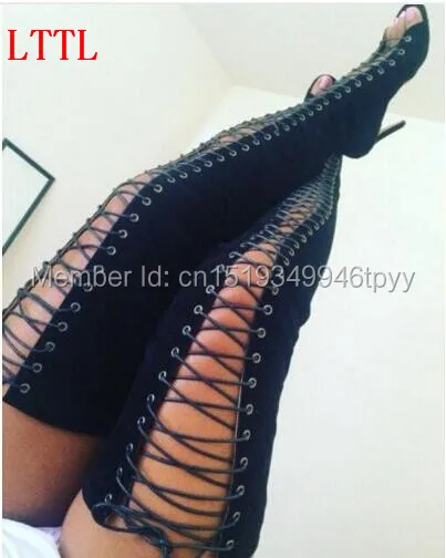 

Hot sale Women Gladiator Thigh High Boots Peep Toe High Heels Cut-outs Lace-up Boots Fashion Women Shoes