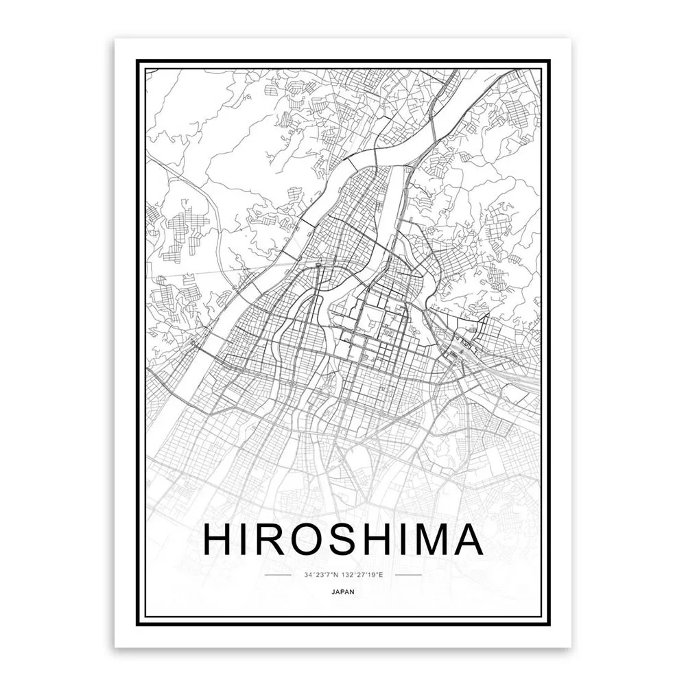 Hiroshima Черно-белые карты мира, города, шёлка, постеры, принты в скандинавском стиле, для гостиной, настенные художественные картины, Декор, холст, живопись - Цвет: Hiroshima