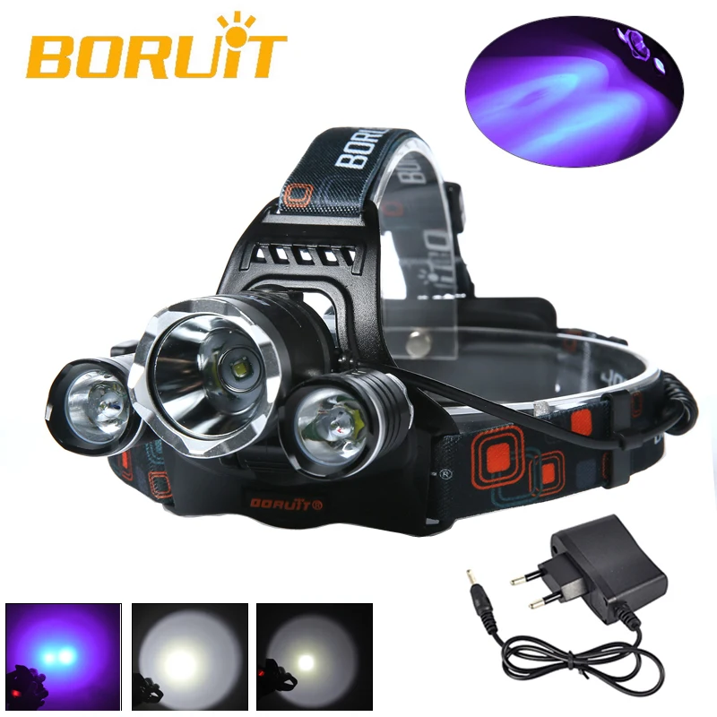 

BORUIT 5000LM 3x XML T6+2R2 395nm UV Licht LED Stirnlampe KopfLicht EU Ladegerat Camping Fishing Cycling Rock Climbing