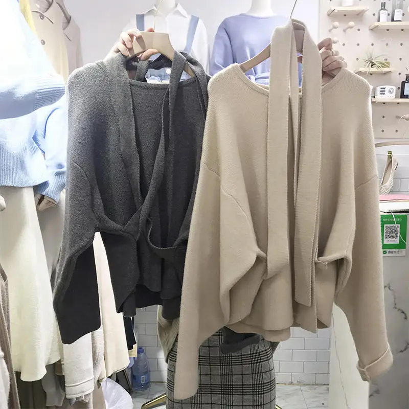 gray sweater Neploe пояса дизайн свитер Женский Топы Пуловер Женская одежда осень-зима вязаные свитера корейский элегантный трикотаж 37290 - Цвет: gray sweater