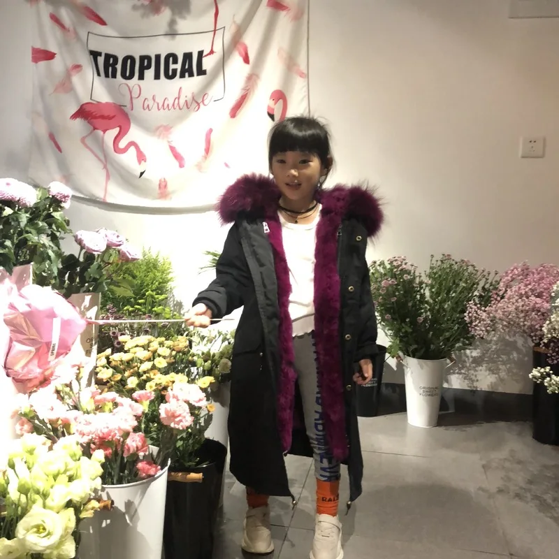 Детские зимние модные длинные парки с воротником из натурального меха енота