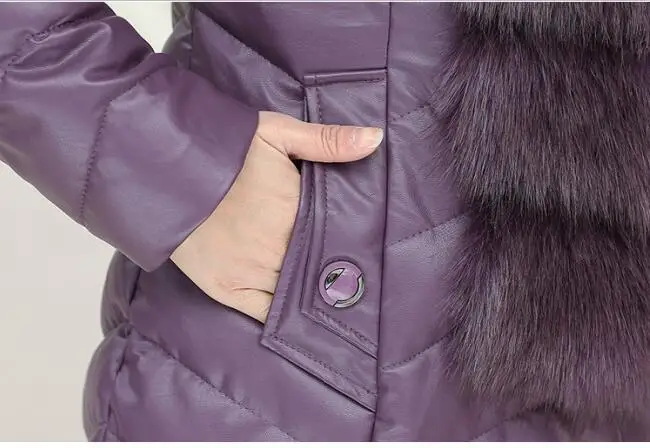 Новинка 2017 женская зимняя длинная куртка из искусственной кожи с меховым