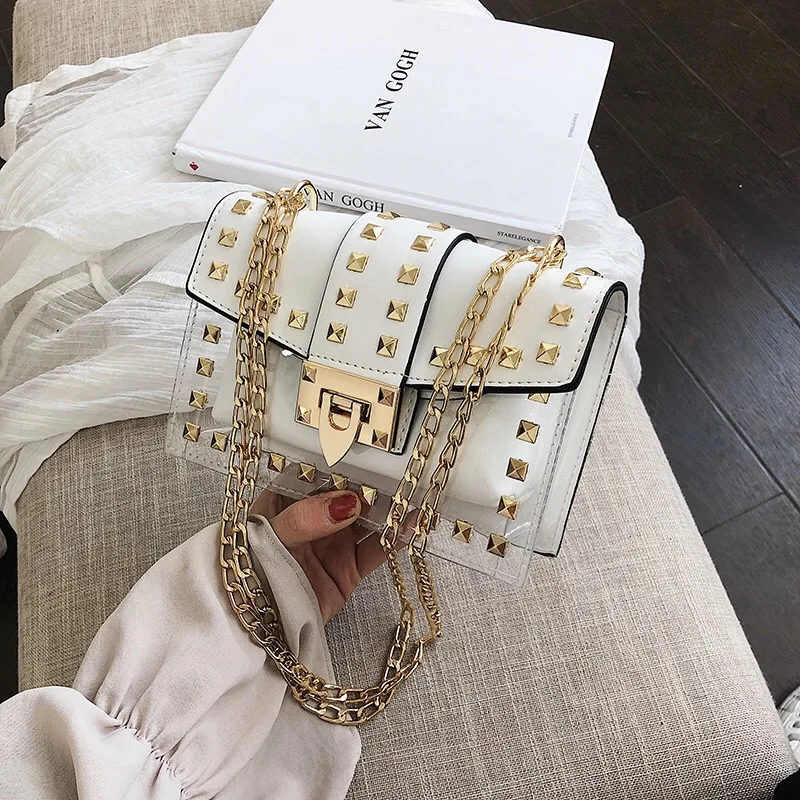 Small Clear Brand Designer Woman 2019 New Fashion Girl Messenger Bag Chains Shoulder Female Rivets Transparent Square PU | Багаж и сумки