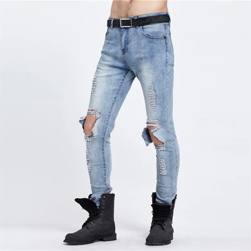 Синие рваные с отверстиями Узкие Брюки Slim Fit уничтожено джинсы для мужчин |