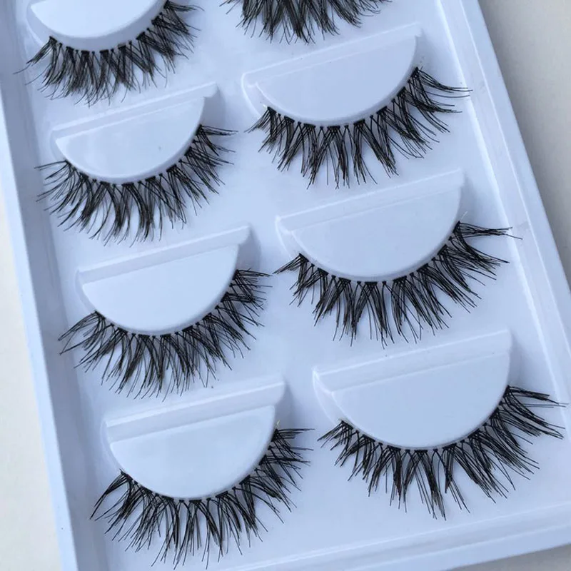 

YOKPN 5 Pairs Natural Cross False Eyelashes Soft Transparent Stems Fake Lashes Handmade Big Eyes Makeup Eyelashes Extension Tool