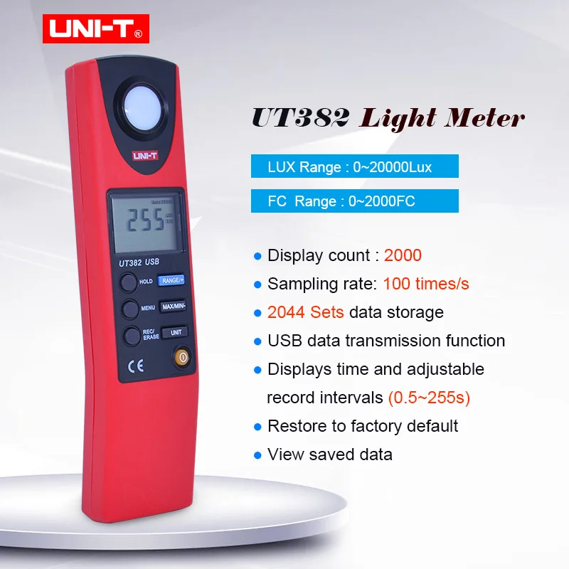Digital Light Meter UNI-T UT382 Luxmeter  20-20000 Lux Range Digital Illuminometer with USB Transfer