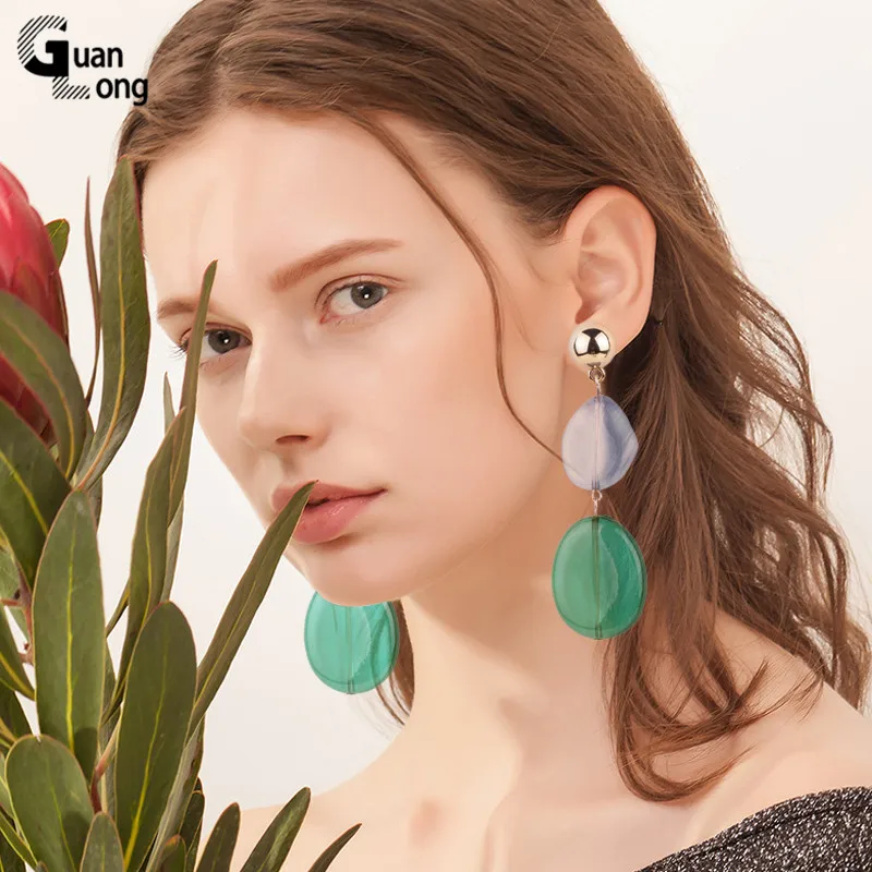 

GuanLong Vintage Fashion Drop Resin Big Earrings for Women Long Geometric Colorful Acrylic Metal Earring Elegant Wedding Jewelry