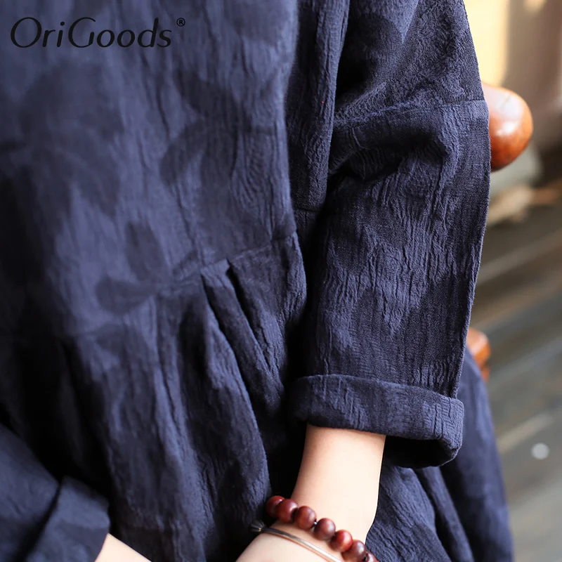 

OriGoods Long sleeve Women Dress Chinese style Spring Autumn Long Dress 2019 Plus size Vintage Cotton Linen Elegant Dress A397