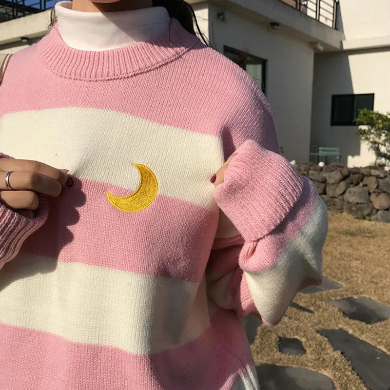 Корейский стиль, женские свитера, Kawaii, мороженое, цветная полоска, луна, вышивка, милая вязаная одежда, женская одежда Harajuku, Осень-зима