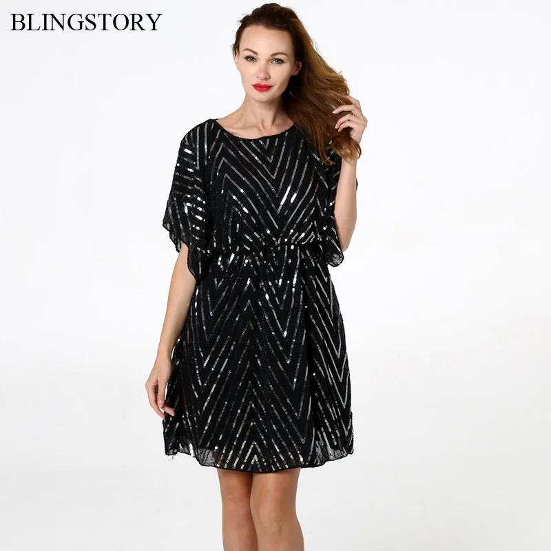 Женское платье с блестками BLINGSTORY летнее круглым вырезом свободное вышивкой