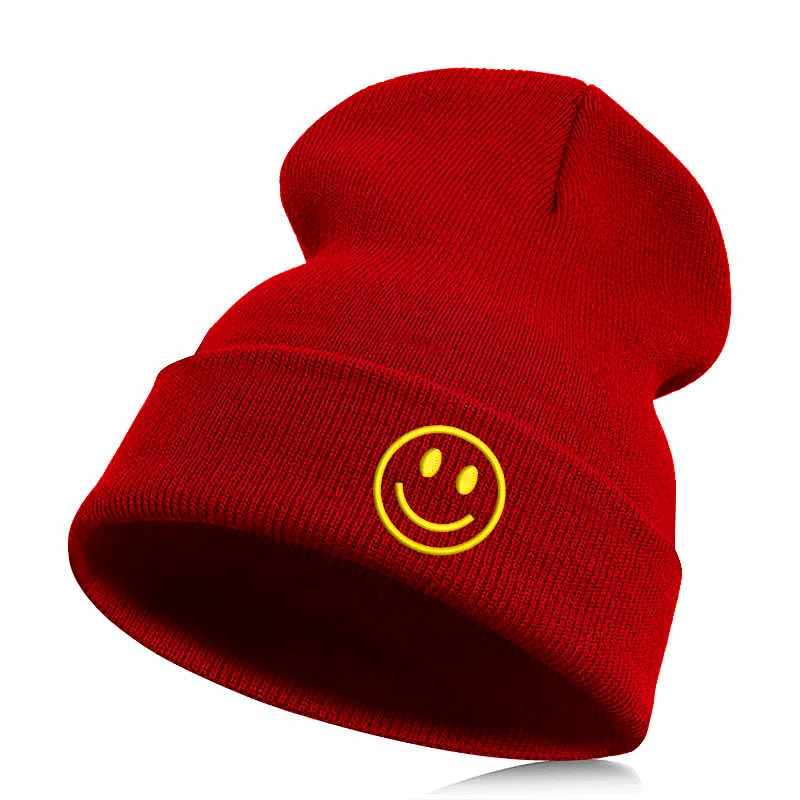 wine yellow Beanie шляпа Skullie шапка, вязаная шапка-носок Зимняя Вышивка в стиле панк Для мужчин Для женщин личности подростков уличных танцев-улыбка Добрый день настроение - Цвет: wine yellow