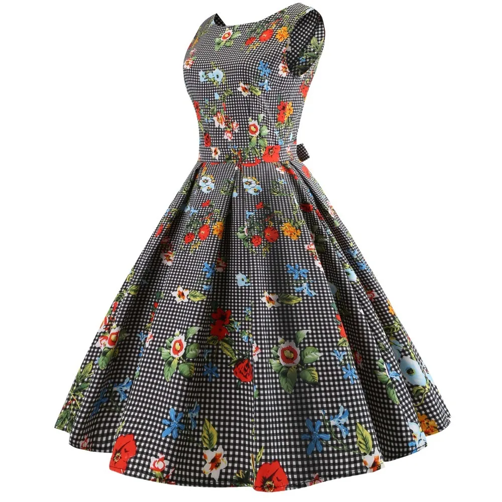 Винтажное Цветочное платье, женское вечернее платье без рукавов, 50s 60 s, элегантное рокабилли, сексуальное платье с поясом размера плюс, офисное платье