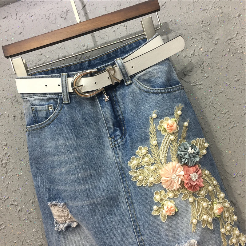 

plus size 5XL!Denim skirt summer fashion high waist embroidered flower split hole package hip jeans skirt a-line