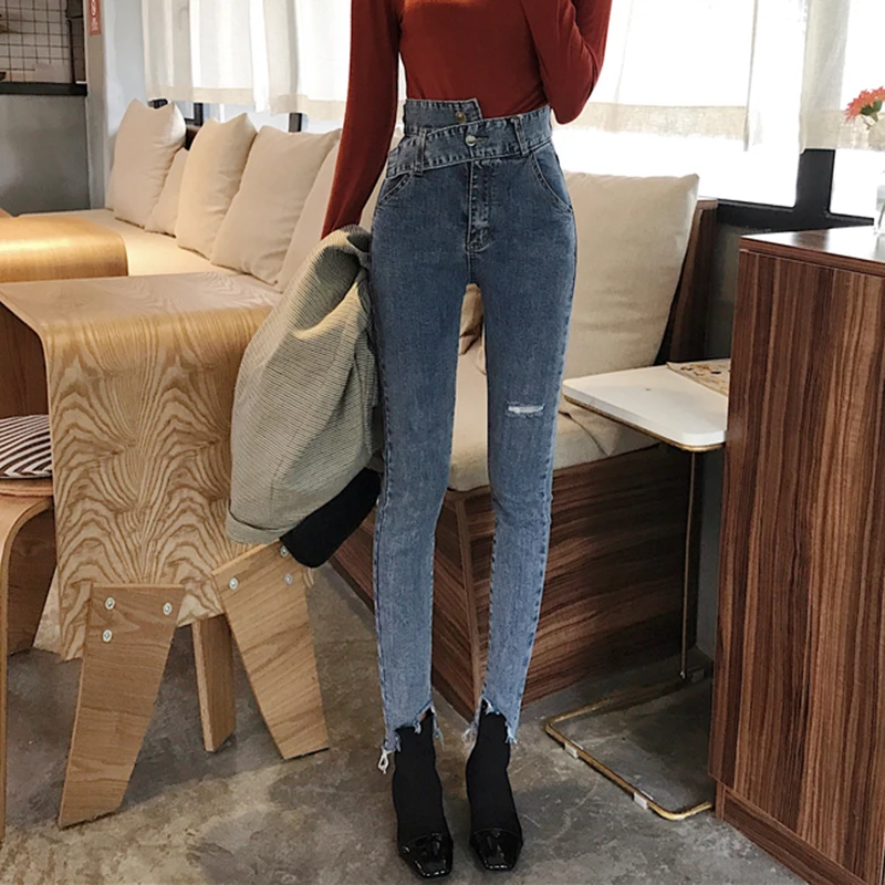 Женские узкие джинсы с высокой талией modis брюки в Корейском стиле рваные