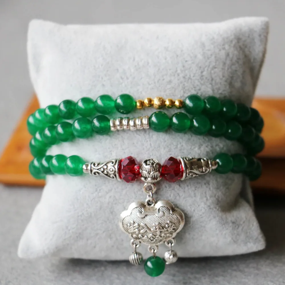 Женский многослойный браслет из халцедона с подвеской-замком 6 мм | Украшения и