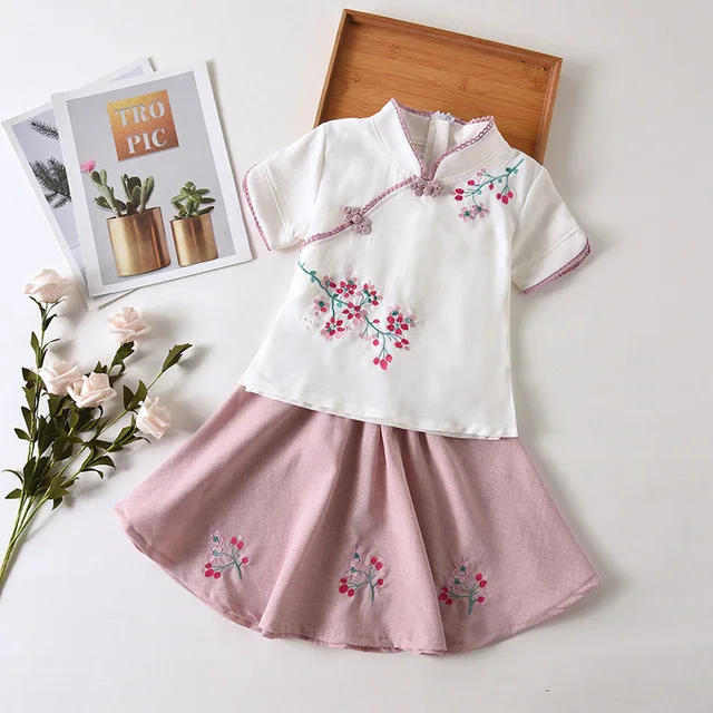 Style 8 Комплект из двух предметов для девочек из хлопка и льна с цветочной вышивкой; Традиционное китайское платье в стиле ретро; Летние повседневные платья; детское платье для выступлений - Цвет: Style 8