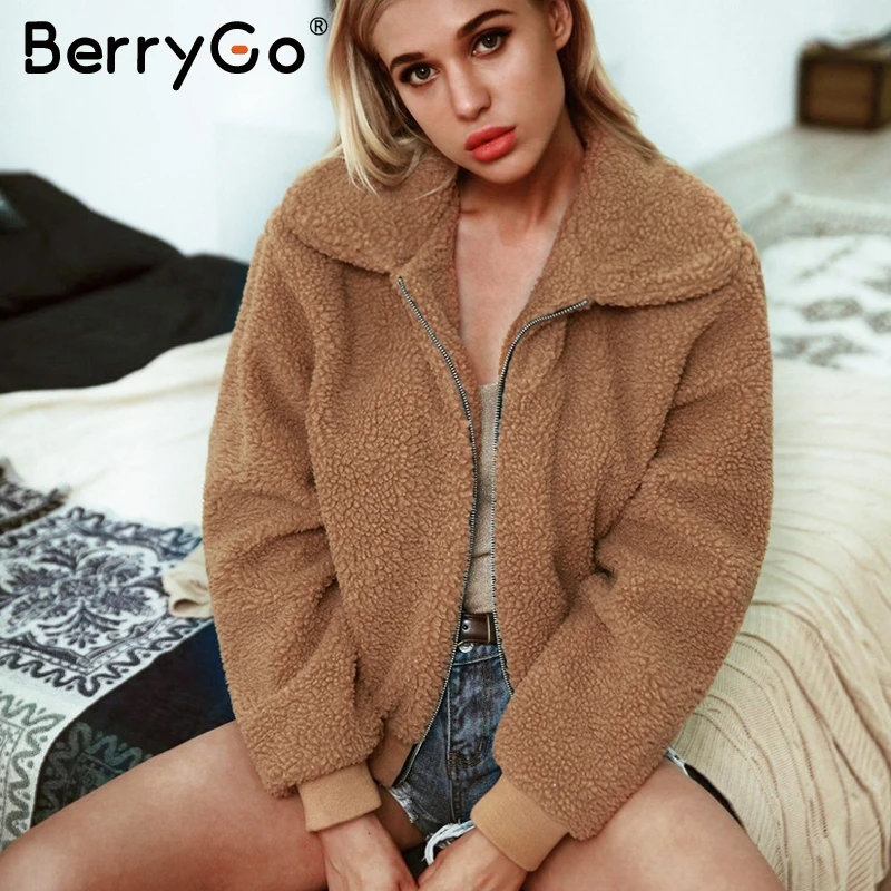 BerryGo Винтаж из искусственного меха Тедди куртка Для женщин толстые теплые
