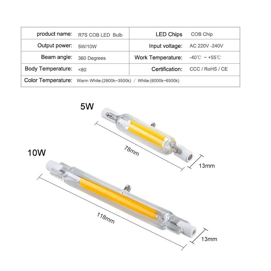 Стеклянная Светодиодная лампа COB R7S светодиодные лампы 78 мм светодиодный