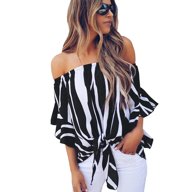 S-XL women casual leisure chiffon tops lady floral print striped tops sprint autumn short slash neck tops